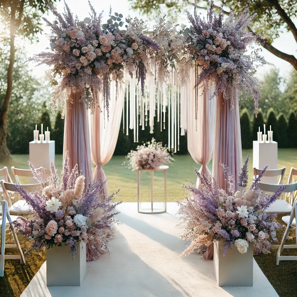 An outdoor wedding scene with a minimalist design featuring lavender florals. The soft lavender tones are seen in the flowers and subtle drapery over a simple ceremony arch. The overall look is elegant, with few decor elements, creating a calm and ethereal atmosphere.