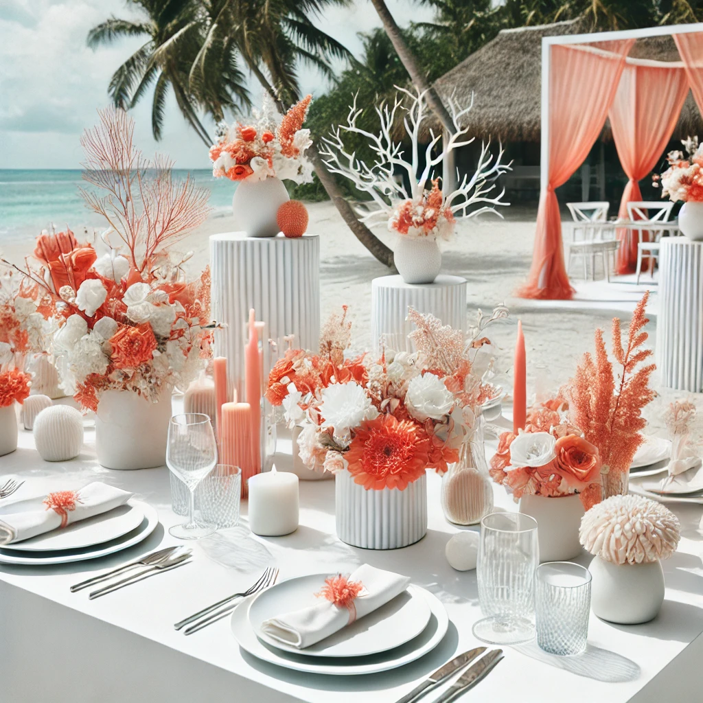 A modern beach wedding setup with coral floral accents and minimal decor. Sleek, white table settings and clean lines complement the coral touches, creating a fresh and sophisticated vibe. The scene overlooks a sandy beach with a clear, bright sky.