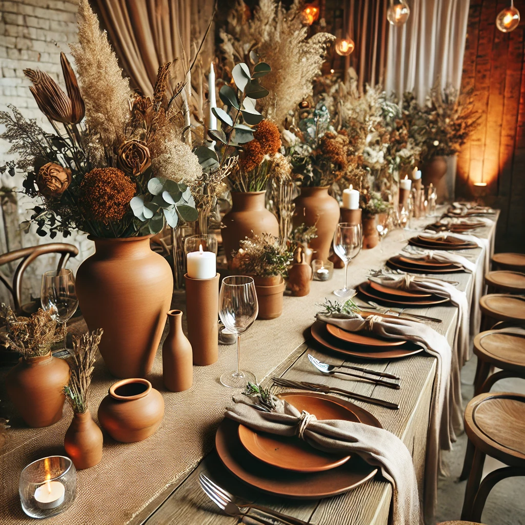 An upscale rustic wedding setting with a warm terracotta color palette. The decor is minimal, with elegant terracotta pots, simple table settings, and natural textures like wood and stone, giving the space a refined and cozy ambiance.